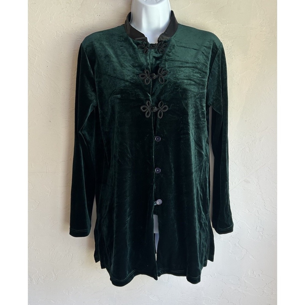 Vintage 90s Green Velvet Mandarin‎ Button Tunic Top Jacket M Whimsigoth Bohemian